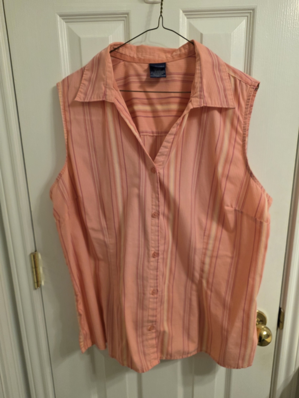 Basic Editions Coral Pink Striped Sleeveless Button-Down Shirt